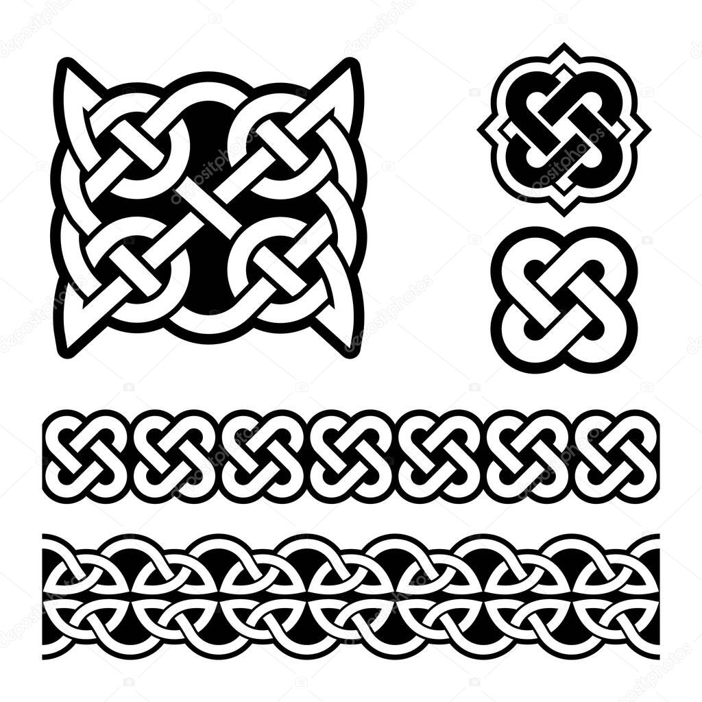 Irish Celtic braids and knots vector pattern set, traditional design elements collection inspired by Celts art from Ireland. St Patrick's Day ornaments - old Irish folk art ornaments in black and white