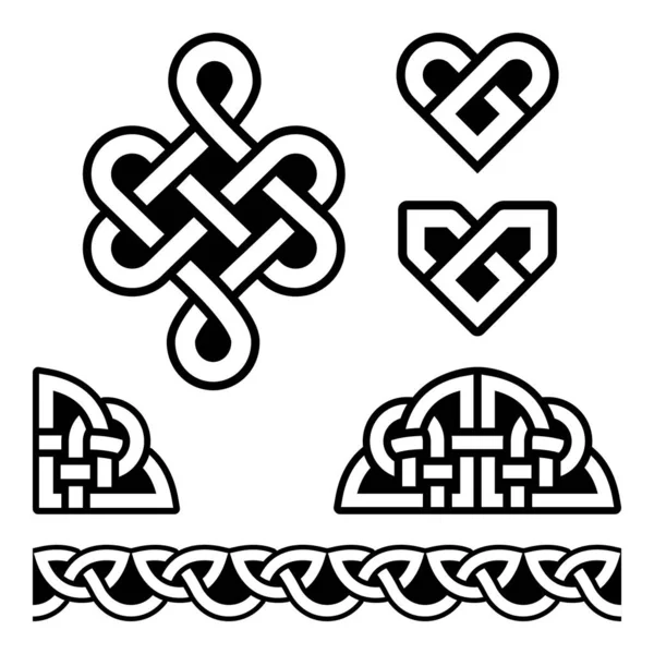 Irish Celtic Braids Knots Vector Pattern Set Celtic Hearts Traditional — Stock Vector