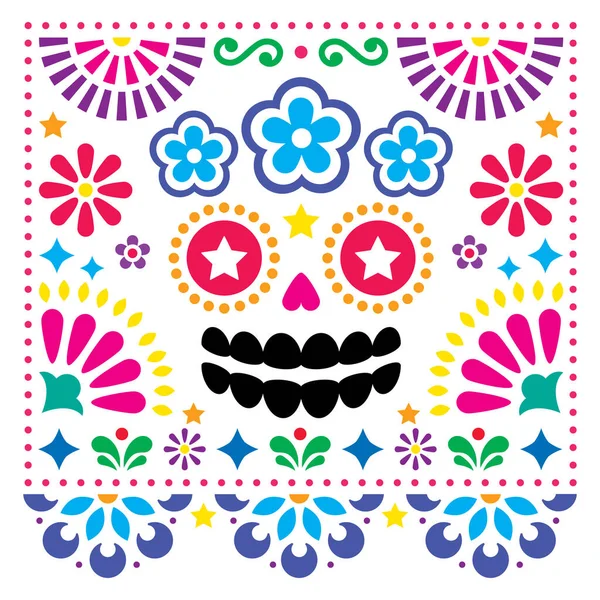 メキシコの民俗芸術ベクトル砂糖頭蓋骨と花の民俗芸術デザイン カラフルなハロウィーンと死んだ挨拶カードの日 — ストックベクタ