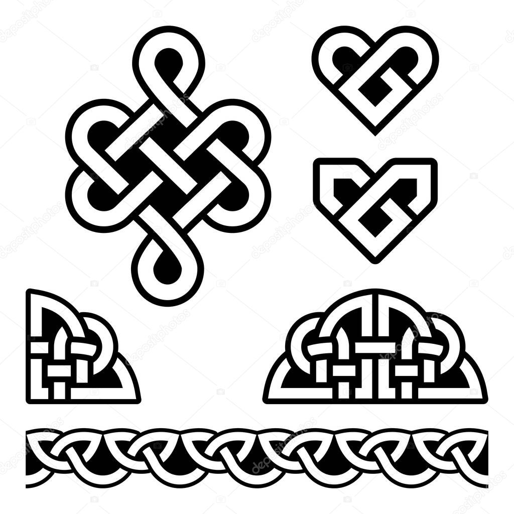 Irish Celtic braids and knots vector pattern set, Celtic hearts traditional design elements collection inspired by Celts art from Ireland. St Patrick's Day rope ornaments - old Irish folk art ornaments in black and white