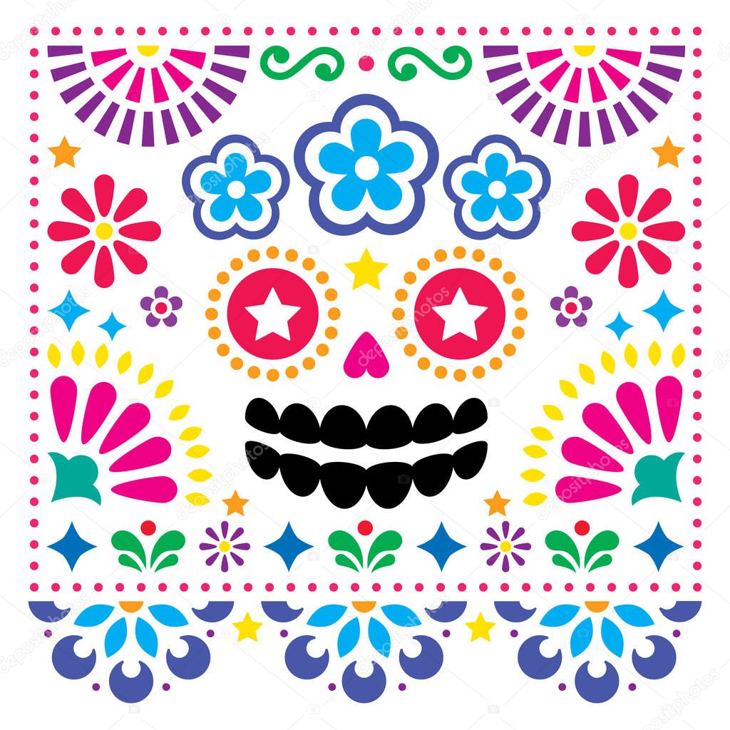 Mexican folk art vector folk art design with sugar skull and flowers, colorful Halloween and Day of the Dead greeting card  