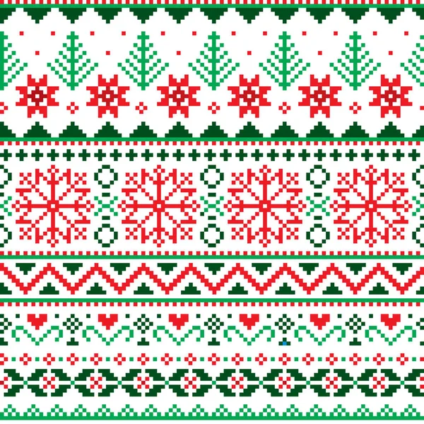 크리스마스 스타일의 전통적 Knitwear Vector Seamless Pattern Snowflakes Tree Hearts — 스톡 벡터
