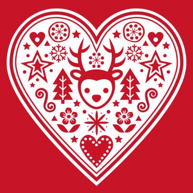 Noel İskandinav vekil kalbi kırmızı kart tasarımını selamlıyor - Ren geyiği, kar taneleri, Noel ağacı ve çiçekleriyle halk sanatı deseni