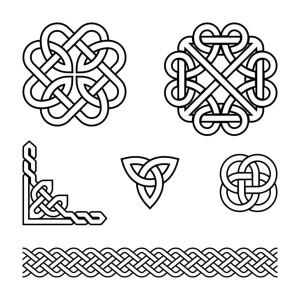ケルトのベクトルパターンセット ストロークで編組とノット アイルランドの伝統的なデザイン要素のコレクション 聖パトリックの日繰り返しの装飾品 アイルランドの古い芸術に触発された黒と白の古い民俗芸術の装飾品 — ストックベクタ