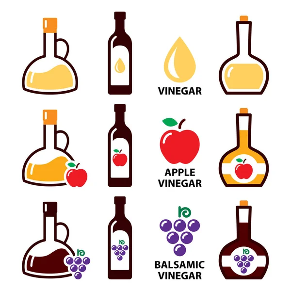 Sirke vektör simgesi seti - elma sirkesi ve balzamik sirke rengi tasarımı, sağlıklı gıda konsepti