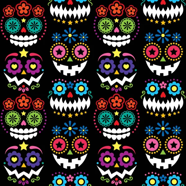 Halloween Dia Los Muertos Skulls Pumpkin Faces Vector Seamless Pattern — Stock Vector