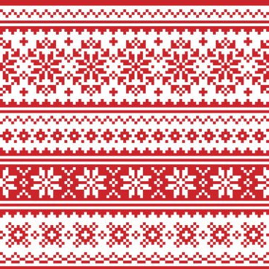 Noel İskandinav vektörü kusursuz desen - kırmızı ve beyaz şenlikli örgü, kar taneleriyle çapraz dikiş