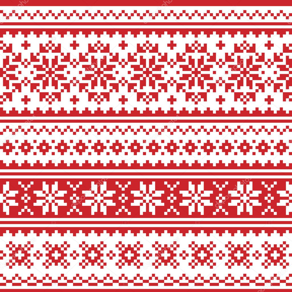 Christmas Scandinavian vector seamless pattern - red and white festive knnitting, cross-stitch design with snowflakes