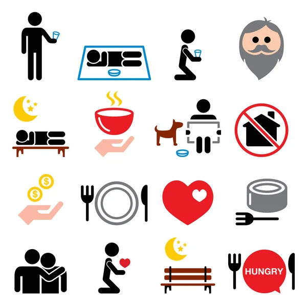 Homeless Poverty Man Begging Money Icons Set Society Helping Other — Stock Vector