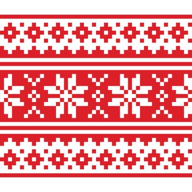 Noel İskandinav uzun vektörü tekrarlanan kırmızı ve beyaz desen - kusursuz şenlikli örgü, İskandinav dikişli kar tanesi tasarımı. Retro Xmas tekstil veya duvar kağıdı yatay arkaplan - Geometrik şekilli çirkin Noel süveteri 