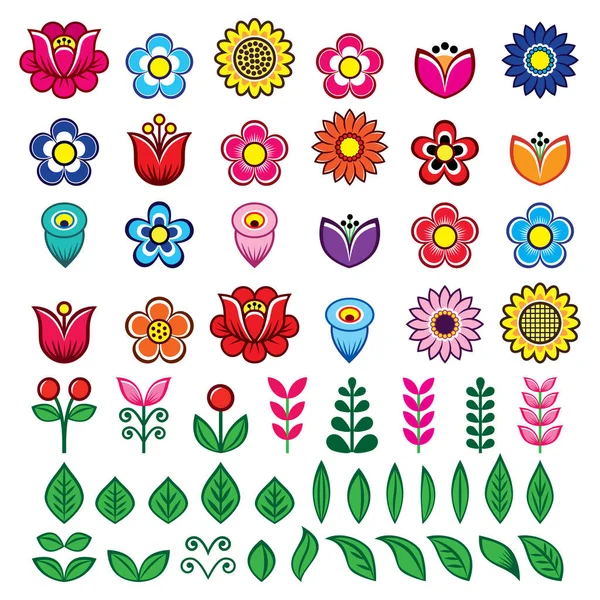 Folk Blumen Und Blätter Große Vektor Design Set Florale Retro — Stockvektor