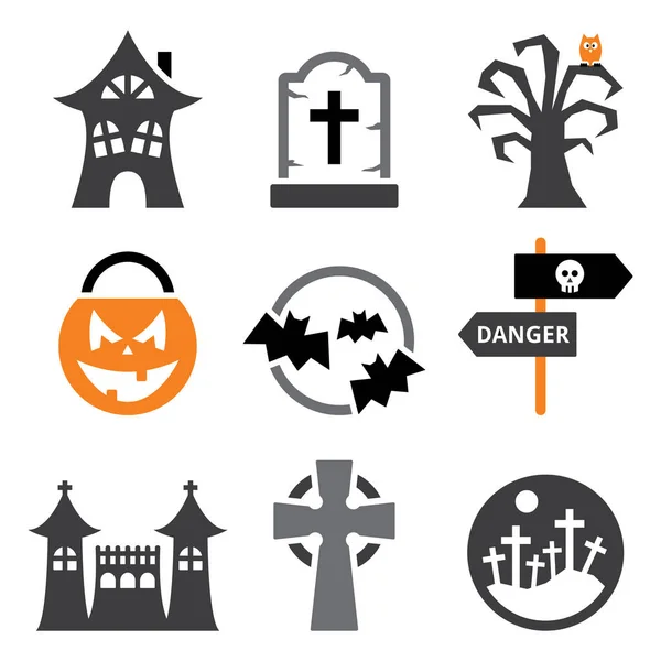 Halloween Vektor Icons Set Gruselige Kürbisse Friedhof Fledermäuse Und Geisterschloss — Stockvektor