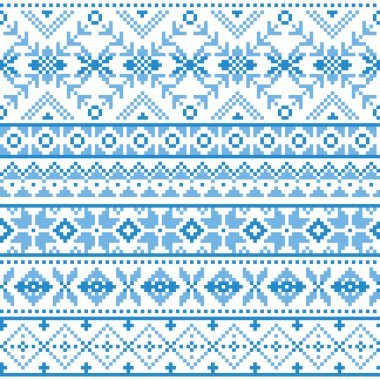İskoç Fair Isle tarzı geleneksel örgü örme vektör kusursuz desen, retro Shtelands kar taneleri ile tekrarlanan mavi dizayn örer. Eski Noel tekstil sanatı geçmişi İskoçya 'nın geleneksel örneklerinden esinlenilmiş, Büyük Britanya