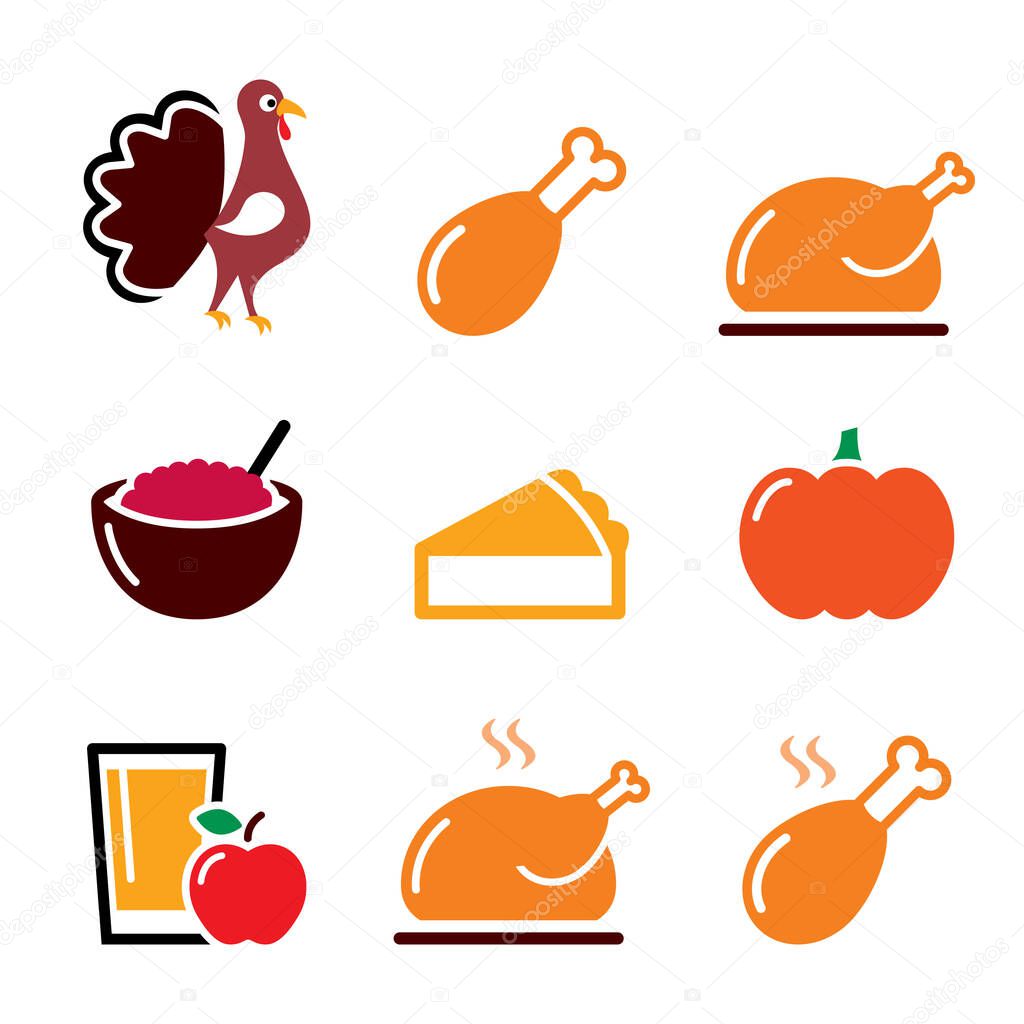 Thanksgiving Day food icons set - turkey, pumpkin pie, cranberry sauce, apple juice design in color