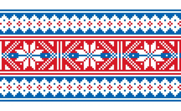 スコットランドフェアアイランドスタイルの伝統的なニットウェアベクトルシームレスパターン 雪のフレークとレトロな長い水平方向のデザイン スコットランド 赤とネイビーブルーの伝統的なパターンに触発されたレトロなテキスタイル民俗芸術の背景 — ストックベクタ