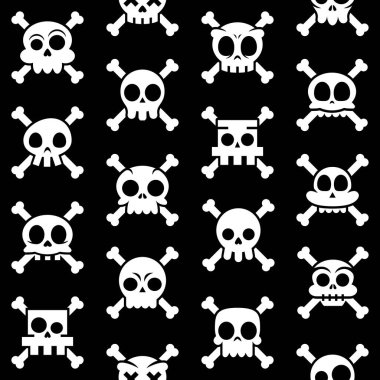 Cadılar Bayramı vektör karikatür kafatası kemiksiz vektör desenli, Meksika şeker kafatası tasarım seti, siyah arka planda beyaz Dia de los Muertos. Kafatası koleksiyonu tekrarlanan arka plan, Cadılar Bayramı partisi için dekorasyon