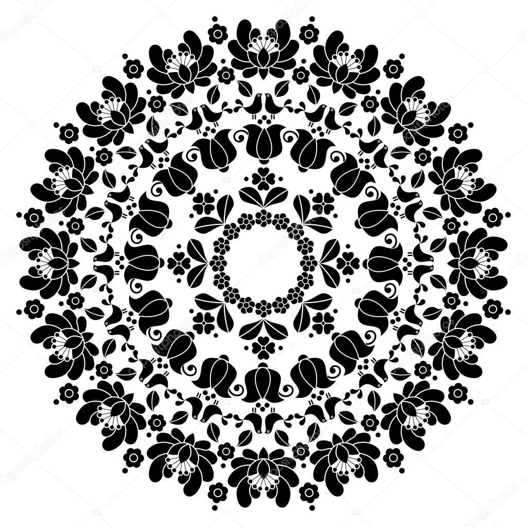 Kalocsai Hungarian floral embroidery vector mandala design - round pattern inspired by folk art from Hungary. Black and white floral ornament, traditional retro boho decor with flowers and birds