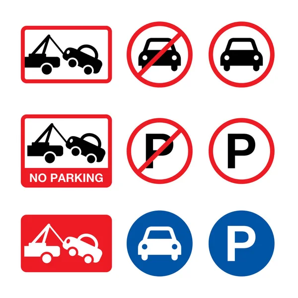 駐車場のベクトル標識 駐車禁止設計セットはありません 警告交通標識 駐車場の赤と黒のアイコンが白に設定されていません — ストックベクタ