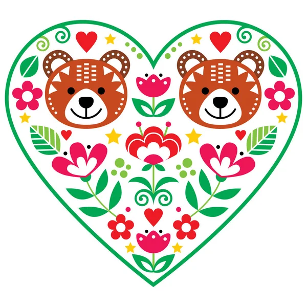 Cuore Scandinavo Con Due Orsi Innamorati Fiori Folk Art Vector — Vettoriale Stock