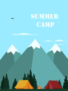 Vektör çizim yaz kampı. Düz tasarım.