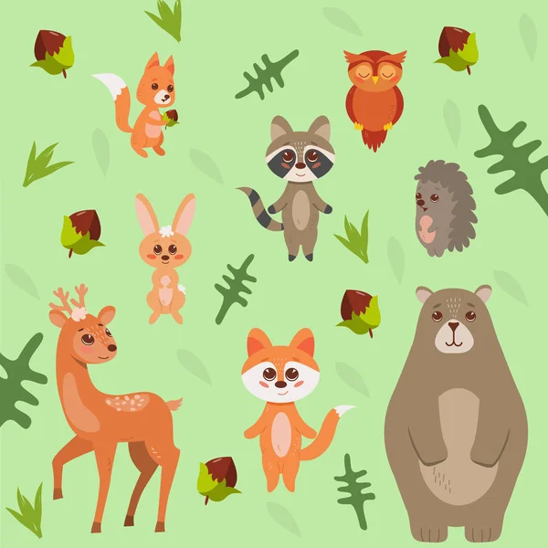 Animaux de forêt mignons sur le fond abstrait floral. Illustration vectorielle — Image vectorielle