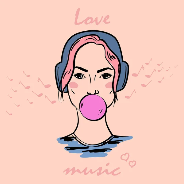 Pretty hand drawn girl listen to music and chews bubblegum. Vector illustration. — Stock Vector