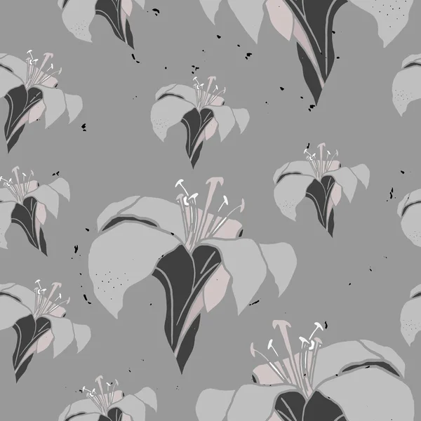 Ilustración vectorial de flores de lirio patrón sin costuras sobre el fondo gris . — Vector de stock