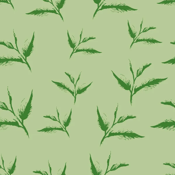 Patrón sin costuras de hojas de té verde dibujadas a mano. Ilustración vectorial . — Vector de stock