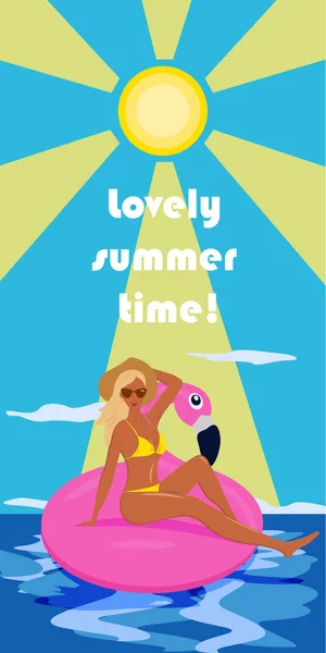 Gadis di pink inflatable flamingo dan latar belakang laut dan matahari bersinar. Flyer, kartu, spanduk. Ilustrasi vektor . - Stok Vektor