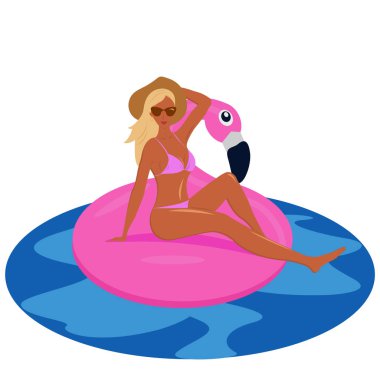 Denizde şişme pembe flamingo kız. Vektör çizim.