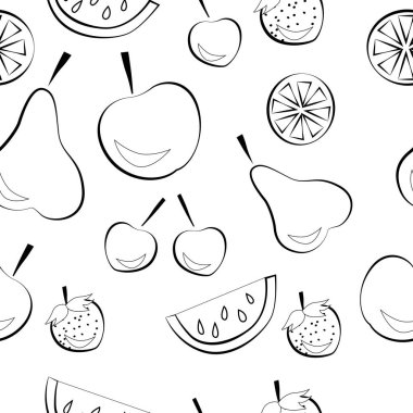 Seamless modeli. Çocuklar için boyama kitabı sayfası. Çizgi film meyve ve çilek. Vektör çizim