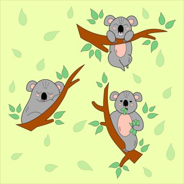 Cartoon koalas on the eucalyptus tree set. Children book. Vector illustration. clipart