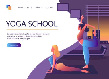 Yoga okulunun web sayfası şablonu, Stüdyo. Web sitesi ve mobil web sitesi için modern düz tasarım konsepti. Kadın yoga egzersizi, yoga pozu yapıyor. Vektör illüstrasyonu