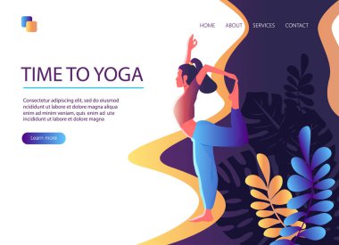 Web sayfası şablonu Yoga Studio. Zaman yoga için. Web sitesi ve mobil web sitesi için web sayfa tasarımı modern düz tasarım konsepti. Kadın yoga egzersiz, yoga poz mu. Vektör çizim