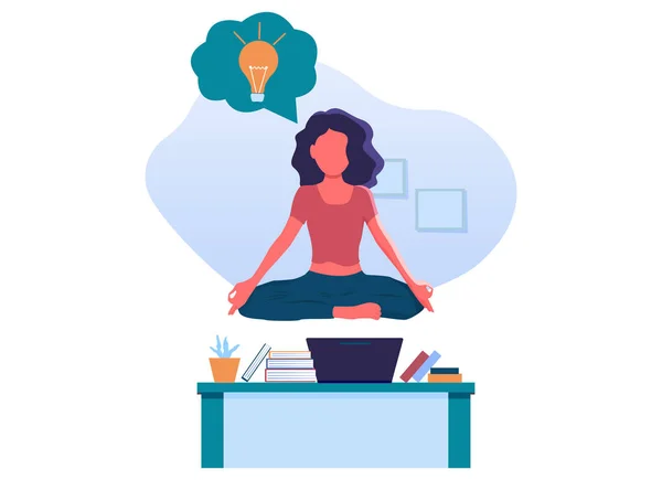 Jeune fille faisant du yoga et se calmer au bureau et trouver de nouvelles idées pour le travail. Trouver des solutions par la méditation. Ampoule. Détendez-vous, méditation, bon concept de gestion du temps. Design de style plat — Image vectorielle