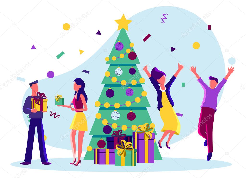 Vector illustration of Flat Happy People celebrating Christmas with Christmas tree, confetti.