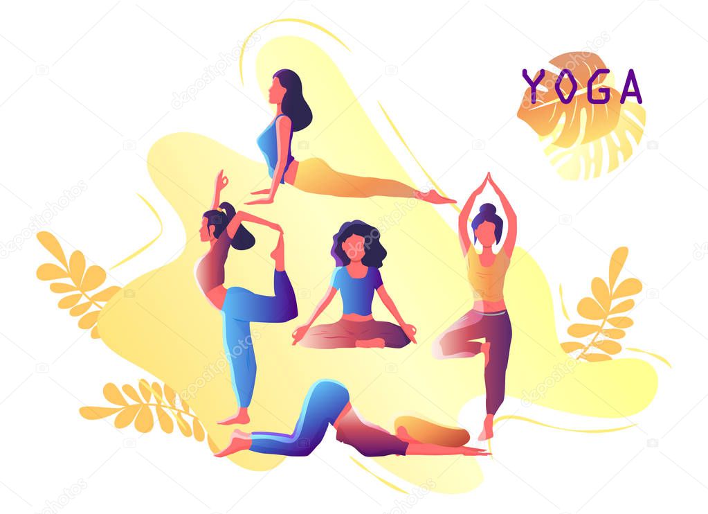 Yoga workout girl set. Woman doing yoga exercises. Yoga emblem for poster, banner, flyer or card design. Warming up, stretching. Vector illustration.