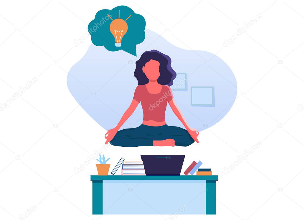 Girl young woman doing yoga and get calm in office and find new ideas for work. Finding solutions through meditation. Light bulb. Relax, meditation, good time management concept. Flat style design