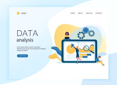 Web sayfası şablonu, açılış sayfası düz vektör Illustration. Veri analiz tasarım konsepti. Veri Analizi grafikleri ve çizelgeleri, çalışma analistler ile küçük insanlar ve laptop ekran.