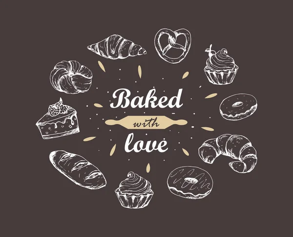 Vektorillustration för bageri butiker. Bakade med kärlek bokstäver. Cirkel formen sammansättning från handen ritade bröd. — Stock vektor