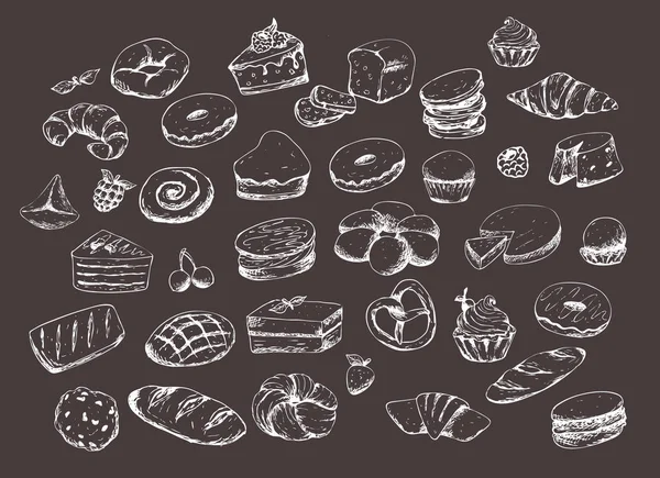 Vektor design för bageri eller bakning butik med hand dras bröd illustration. Bageriet skiss set. Vintage Illustration. — Stock vektor