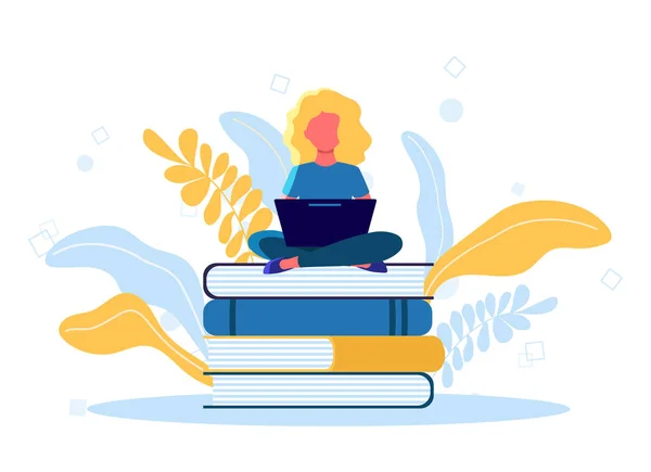 Genç kadın kız öğrenci lisansüstü kitap dizüstü bilgisayar ile oturup vektör çizim. Online eğitim, öğrenme, dil kursları, İngilizce okul için düz kavramı