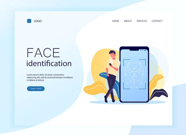 Plantilla de página web, landing page. La ilustración vectorial del teléfono inteligente escanea la cara de una persona. Concepto plano de hombre joven utilizando la aplicación móvil para el reconocimiento facial. Identificación biométrica . — Vector de stock