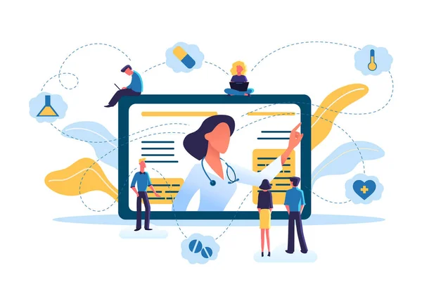 Tıp ve sağlık kavramı, Teletıp. Doktor ile online konsültasyon Internet tarafından. Tıbbi hizmet online hastalar için. Online sağlık vektör çizim.