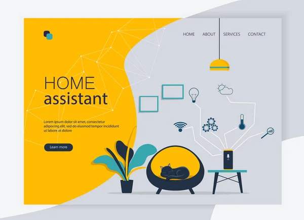 Ilustración vectorial plana del dispositivo de comando Voice con asistente virtual. Plantilla web y diseño de landing page de altavoz inteligente en el interior del hogar. Sistema de automatización para el hogar — Vector de stock