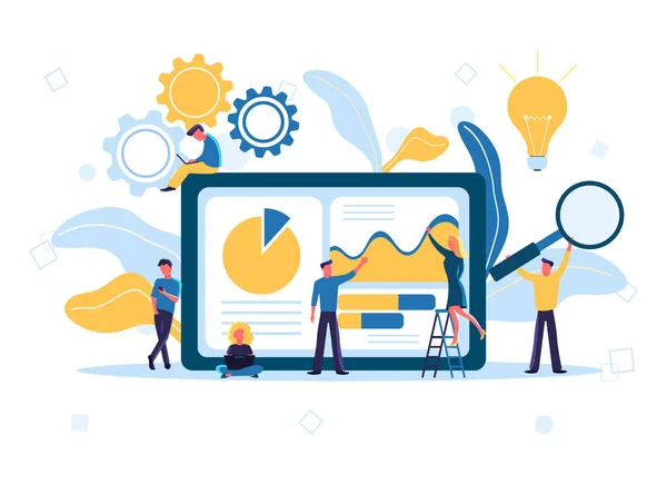 Flat vector illustration of data analysis design concept. Small people and laptop screen with data analysis graphs and charts, analysts working. — Stock Vector