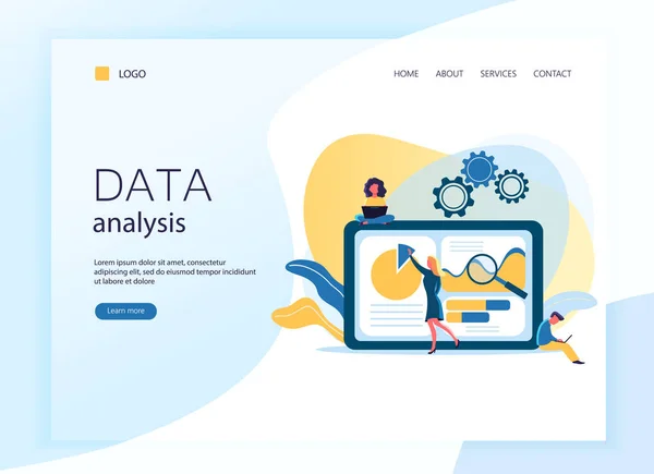 Platte vectorillustratie van webpaginasjabloon, bestemmingspagina. Data analyse ontwerpconcept. Kleine mensen en laptop scherm met gegevens analyse grafieken en grafieken, analisten werken. — Stockvector