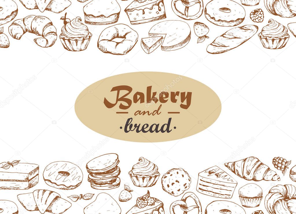 Vintage bakery sketch background. Bakery and bread. Vector design for bakery or baking shop with hand drawn bread illustration.