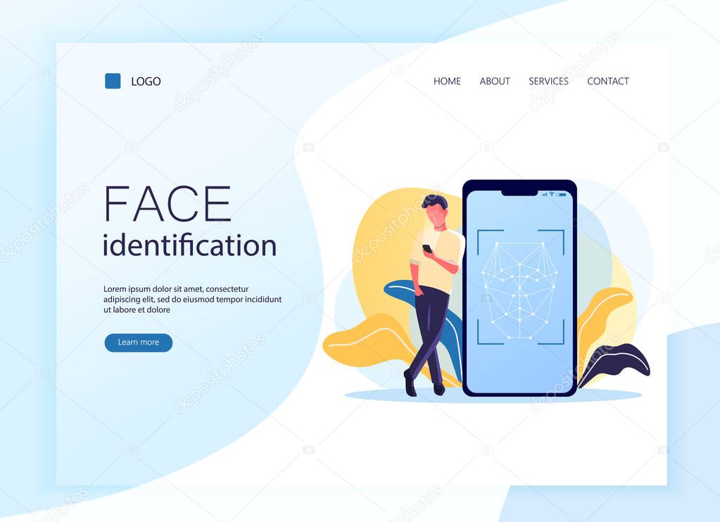 Web page template, landing page. Vector illustration of smartphone scans a person face. Flat concept of young man using mobile app for facial recognition. Biometric identification.