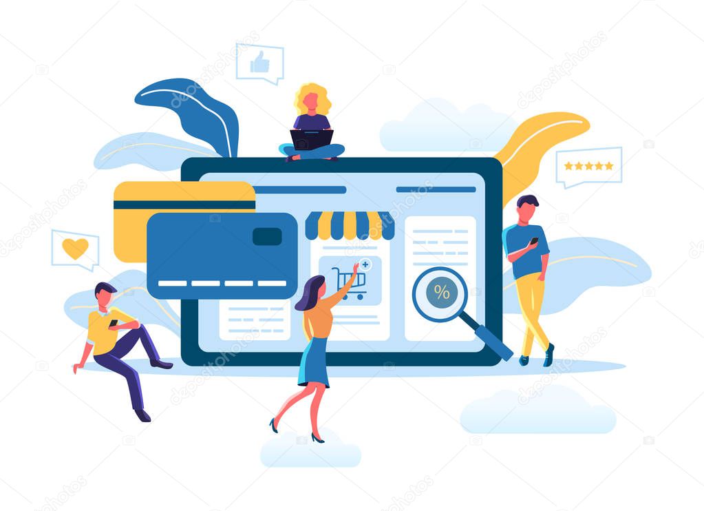 Flat vector illustration of people using services for online shopping. Various shops, discounts, purchase of goods and gifts, real estate investment, shopping concept and delivery of goods through